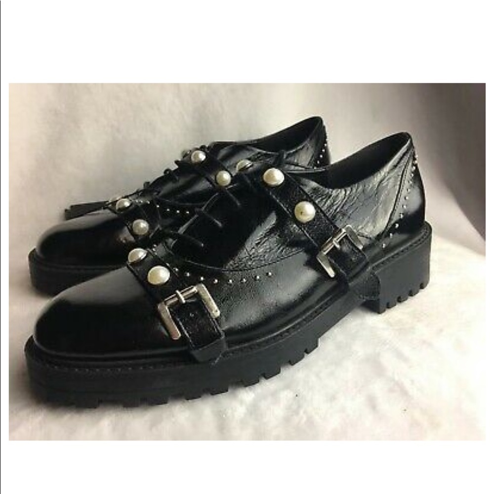 Zara Black Patent Leather Pearl-Accent Lug Sole Oxfords
